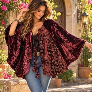 Vintage Y2K Burgundy Burnout Velvet Embroidered Cape Jacket Boho Renaissance
